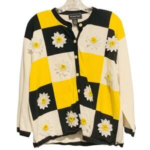TERAZZO Cardigan XL 3D Flowers Daisy Checked Knit Sweater Button Down Rockabilly